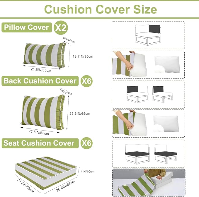 Outdoor Furniture Replacement Cushions, 14 Pcs Water-Resistant Replacement Sofa Cushion for Patio Garden Porch (Liner&Cover,Only Cushions No Sofa) (Grass Green and White Stripes)