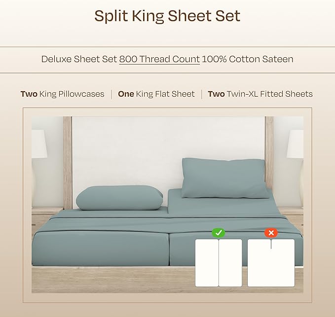 CALIFORNIA DESIGN DEN Authentic Soft Split King Sheets, 800 Sateen 100% Cotton, Cooling Than Egyptian Cotton Sheets, Split King Size Cotton Sheets Set 5 Pc Set with Deep Pockets No Pop-Off (Soft Teal)