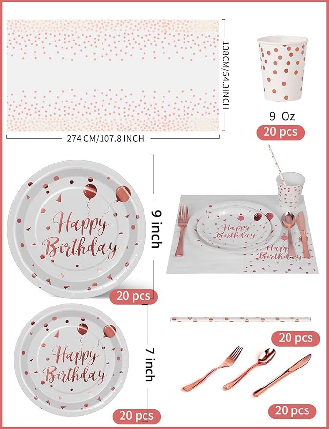 Birthday Party Tableware, 161 Pieces Rosegold Party Supplies, Party Dinnerware Sets Include Paper Plates Napkins Cups Silverware, for Shower Engagement Parties Decoration -20 Serves