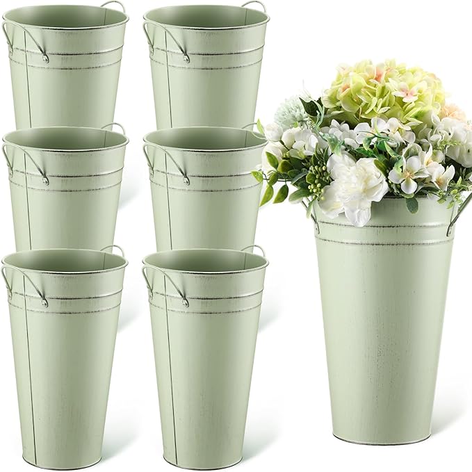 Irenare 12 Inch Vintage Galvanized Flower Bucket Metal Flower Vase Farmhouse French Bucket Planter Metal Floral Container for Party Table Centerpiece Weddings Home(Sage Green,6 Pcs)