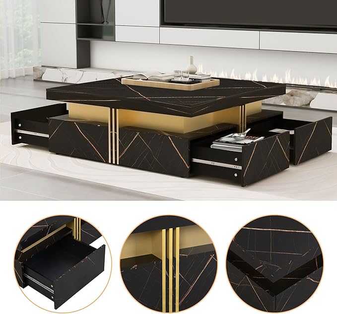 Merax Coffee Table, Modern Square Coffee Table with 4 Drawers, Contemporary Luxury Center Table Cocktail Table with Gold Accents for Living Room, 43.3" Lx 43.3" W (Black)