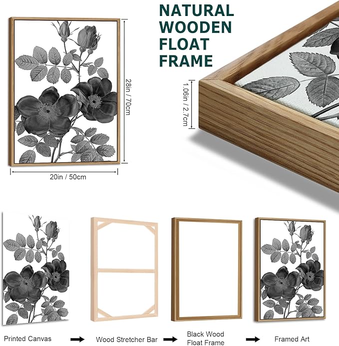 Large Framed Canvas Wall Art - Natural Float Framed Black Gray Flowers Pictures Decor Simple Blossom Leaves Botanical Artwork for Living Room Bedroom Kitchen Home Office Decoration 60" X 28" Set of 3