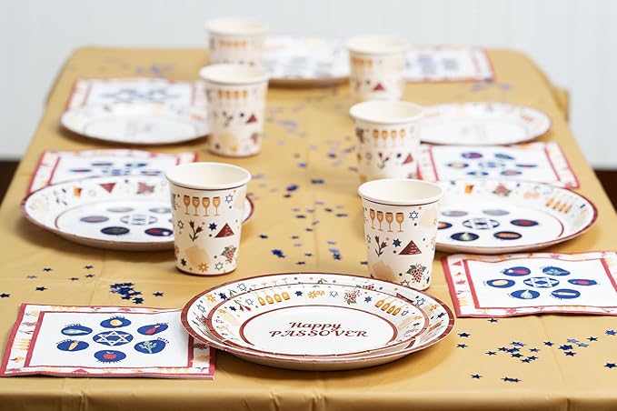 Traditional Passover Tableware Pack: Disposable Paper Plates, Napkins and Cups Set for 20