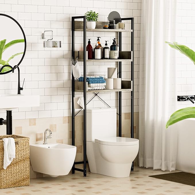 OTK Over-The-Toilet Storage, 3 Tier Bathroom Organizer Shelf, Freestanding Space Saver with Toilet Paper Holder, Multifunctional Over The Toilet Rack, White Oak