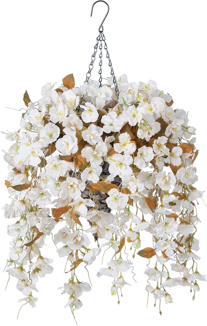Ivydale Artificial Fall Hanging Flowers with Basket for Outdoors, Fake Hibiscus Vines Faux Hanging Plants UV Resistant Realistic Silk Flowers for Outside Planters Home Patio Porch Balcony, Fall White