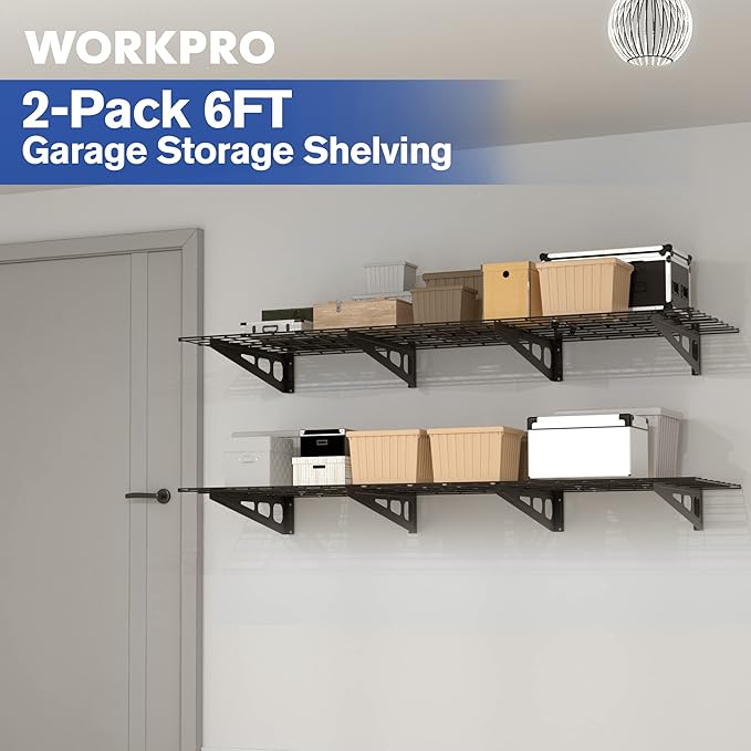 WORKPRO 2-Pack 2x6FT Garage Wall Shelving, 72” x 24” Heavy Duty Wall Mounted Shelving, 800lbs Load Capacity (Total), Metal Wall Shelves Suitable for Shop, Shed, Garage Storage, Black, 1 Sets