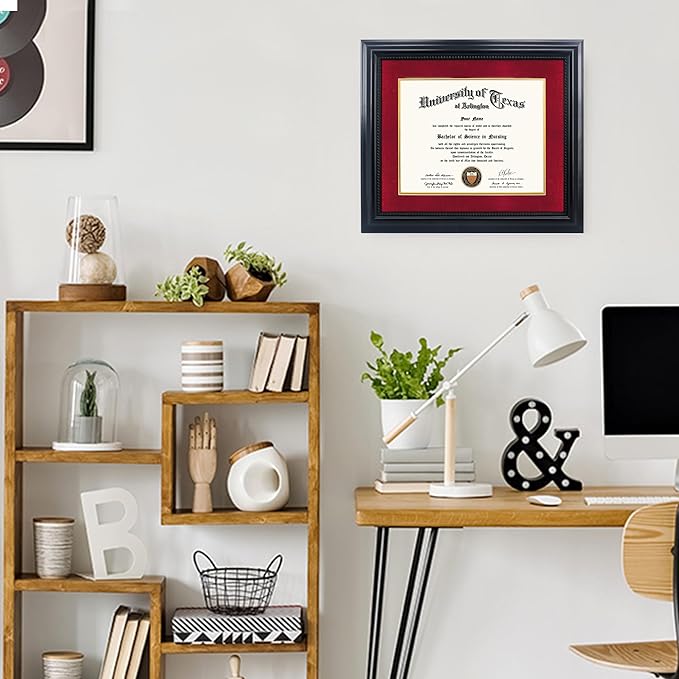 11x14 Diploma Degree Frame with Red Mat or Display 15x18 Certificates without Mat,Solid Wood,Black Finish with Intricate Black Rope Detail,UV Protection Acrylic