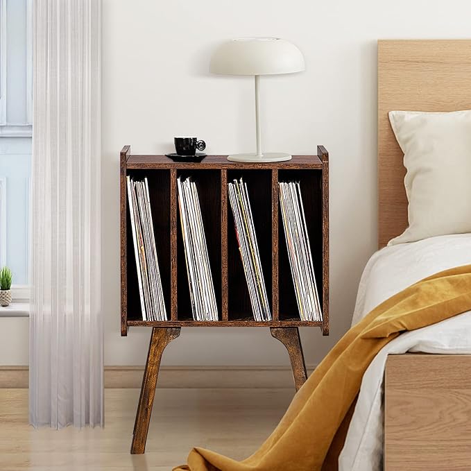 LELELINKY Record Player Stand,Vinyl Record Storage Table with 4 Cabinet Up to 100 Albums,Rustic Brown Mid-Century Turntable Stand with Wood Legs,Vinyl Holder Display Shelf for Bedroom Living Room