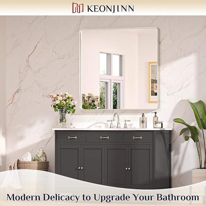 Keonjinn Brushed Nickel Wall Mirror, 36 x 36 Inch Large Square Silver Bathroom Mirrors for Over Sink, Rounded Rectangle Farmhouse Vanity Mirror, HD Tempered Glass Modern Mirror(Horizontal/Vertical)