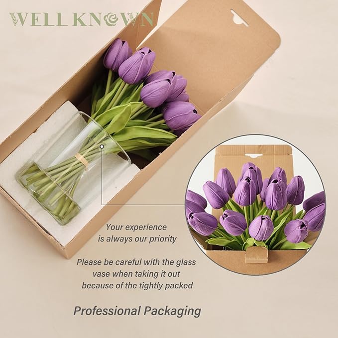 WELL KNOWN 20 Pcs Tulips Artificial Flowers in Vase, Real Touch Upgrate Purple Tulips Fake Flowers with Vase Flower Arrangements Artificial Centerpiece for Dining Room Table