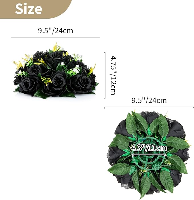 NUPTIO Black Roses Artificial Flowers Pcs of 10 Fake Flower Bouquet Black Hydrangea Flowers Artificial, 15 Heads Fake Roses with Base, Real Looking Black Artificial Flowers (Black)