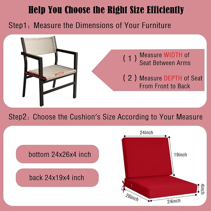 idee-home Outdoor Cushions for Patio Furniture, Outdoor Seat Cushion, Waterproof Couch Hampton Bay Deep Seat Replacement Chair Cushions for Garden Lawn Backyard Deck, 24 x 26 Red