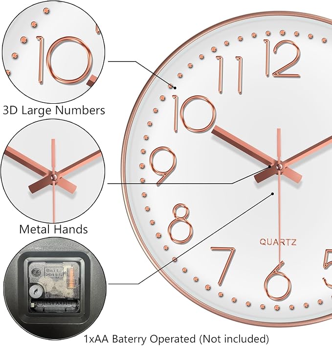 Modern Silent Wall Clock - 12 Inch Wall Clocks Battery Operated Large Number, Non-Ticking Analog Clock with Tempered Glass Quartz Clocks for Living Room Bedroom Office Kitchen, Rose Gold
