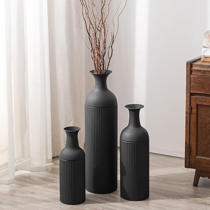 Sziqiqi Black Tall Ribbed Modern Metal Vase Trio - Large 27" Tall x 20" Wide x 16" Deep for Living Room, Bedroom, Kitchen, Corridor
