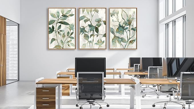 Large Framed Canvas Wall Art - Natural Float Framed Rustic Green Flowers Leaves Pictures Paintings White Grey Artwork Decor for Bedroom Living Room Kitchen Home Office Decoration 60" X 28" Set of 3