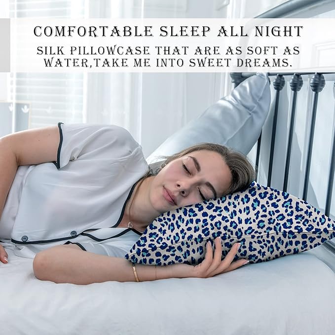 Mulberry Silk Pillowcase for Hair and Skin Standard Size Leopard Print Silk Pillow Cases with Zipper Soft Breathable Smooth Cooling Silk Pillow Covers for Sleeping (Blue Leopard,20"X 26",1Pcs)