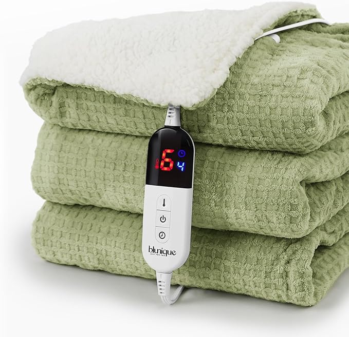 Heated Blanket Electric Throw Waffle, 50x60 Inches Sherpa Fleece Fast Heating Blanket 6 Heating Levels & 4 Hours Auto Off ETL Certification, Sage Throw