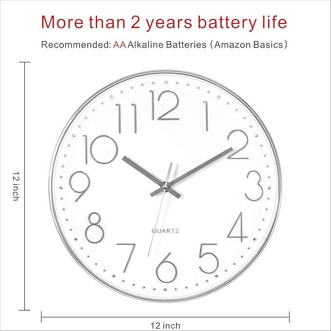 Foxtop Silver Wall Clock Silent Non-Ticking Battery Operated Round Modern Wall Clock for Office School Home Living Room Bedroom Bathroom Kitchen Decor 12 inch