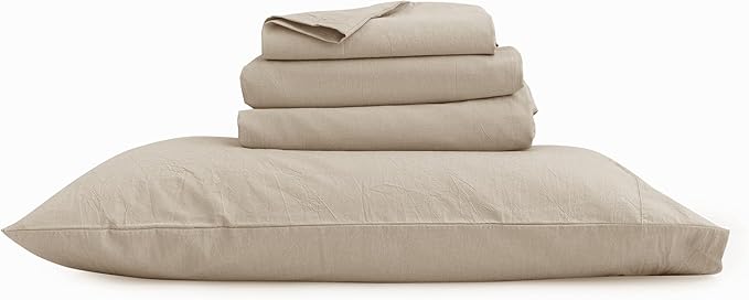 BESTOUCH Sheet Set 100% Washed Cotton Linen Feel Super Soft Comfortable Chic Lightweight 4 Pcs Home Bedding Set Solid Almond Milk Grey Queen