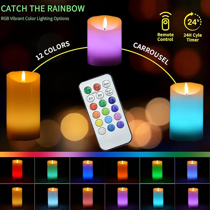 NICEME 3PCS LED Multi Colored Flameless Candles Battery Operated Flickering Flame Color Changing Candles with Remote Control Real Wax Electric Fake Candles, D3” x H4” 5" 6"