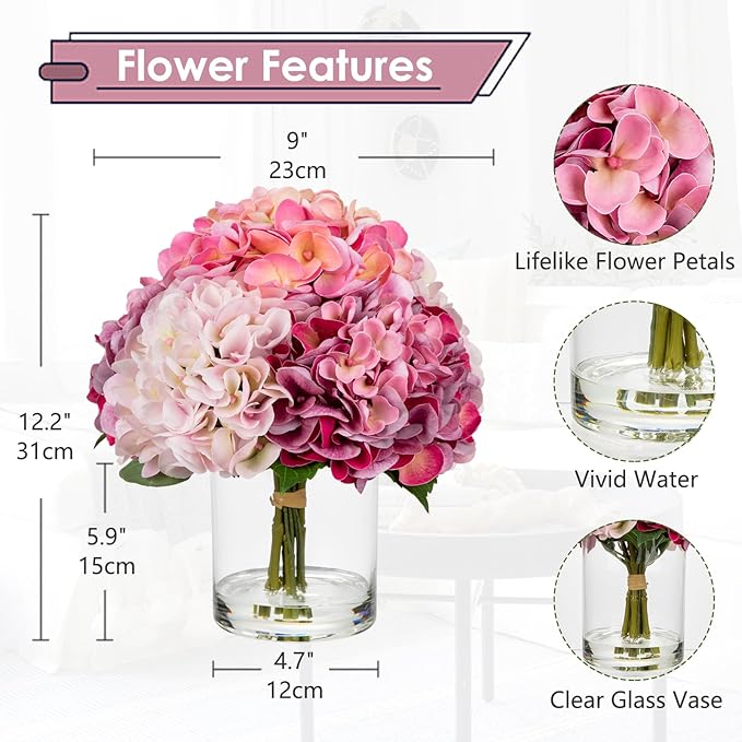 Hollyone Real Touch Pink Hydrangea Artificial Flowers in Vase Latex Large Faux Hydrangea Flowers Arrangements Hydrangeas Fake Flower with Glass Vase with Faux Water for Table Centerpiece Home Decor