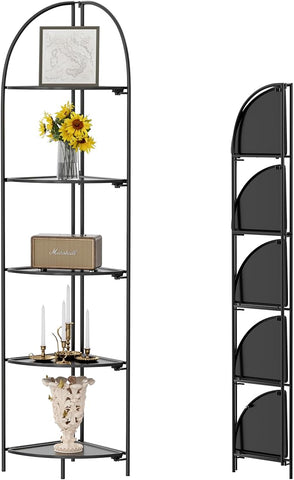 Crofy Foldable 5 Tier Corner Shelf, Metal Corner Plant Stand with Black Frame and Black Shelves, Corner Display Rack Multipurpose Shelving Unit for Living Room, Bedroom, Bathroom
