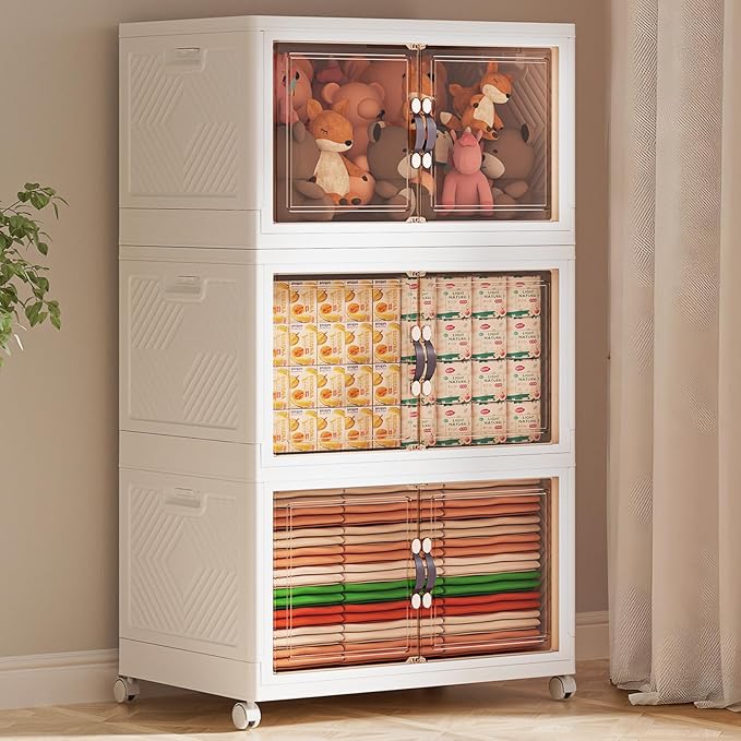 102GAL /408QT Large Collapsible Storage Bins with Lids, Stackable Storage Bins with Doors and Wheels, Closet Organizers and Storages, Plastic Folding Storages Cabinet Home Office Dorm Room