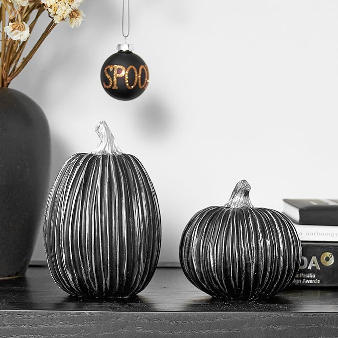 DN DECONATION Pumpkin Decorations for Fall and Halloween Indoor Home Decor, Black and Silver Faux Pumpkins–Fall Halloween Table Centerpiece, 2-Pack Resin Pumpkin for Thanksgiving Modern Farmhouse