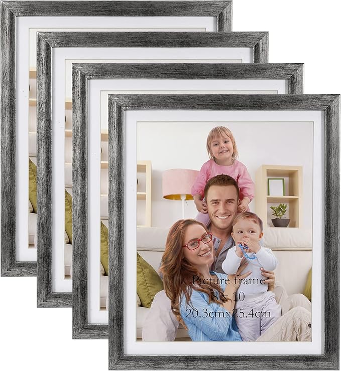 Giftgarden 8x10 Picture Frame Distressed Silver Set of 4, 9x11 Frame for 8”x10” Photo with Mat, Antique Silver Frames for Wall or Tabletop