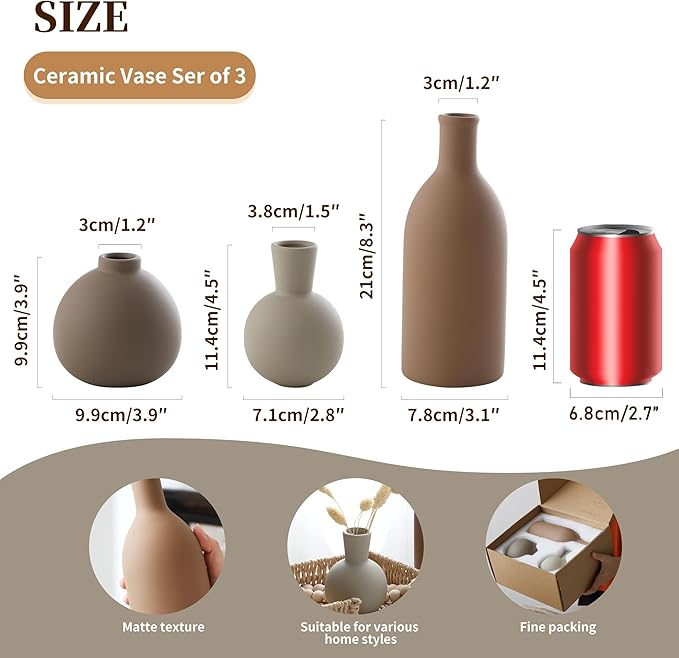 Ceramic Vase Set of 3, Vases Home Decor Rustic Farmhouse Decorative Vase Pottery Vases for Bouquet Pampas Grass Dried Fresh Flowers, Table Living Room Kitchen Bedroom Bathroom - Brown