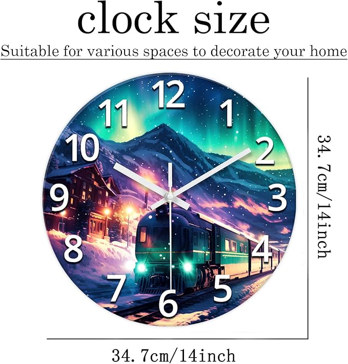XNM Round Train Clocks Battery Operated 14 Inch Modern Teal Analog Wall Clock for Kitchen Polar Lights Glass Wall Clock Silent