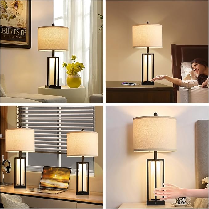 26.6" Farmhouse Table Lamps Set of 2, 3 Way Dimmable Touch Lamps, Modern Nightstand Bedside Lamps with Dual Light Control, USB A+C Ports & AC Outlet, Built-in Night Light for Bedroom End Table