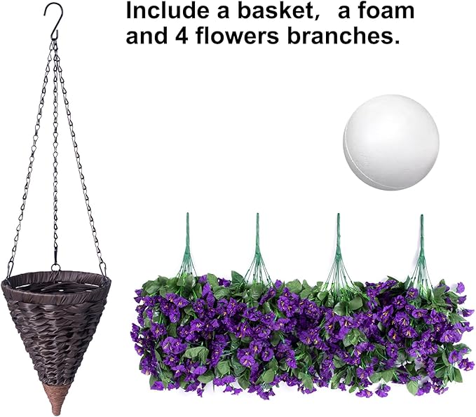 Artificial Faux Hanging Flowers Plants Basket for Spring Summer Outdoor Porch Decor, Fake Silk Purple Morning Glory Long Vine in Planter UV Resistant Realistic for Inside Home Patio Balcony