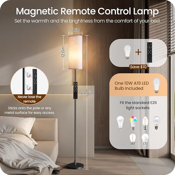 2 Pack Dimmable Floor Lamps for Living Room with 2 Remotes and Foot Switch, Corner Floor Lamp, Standing Tall Lamp, 10W 900LM LED Bulb Included, 3000K-6500K, Linen Shade, FCC Listed W06LDP205W1