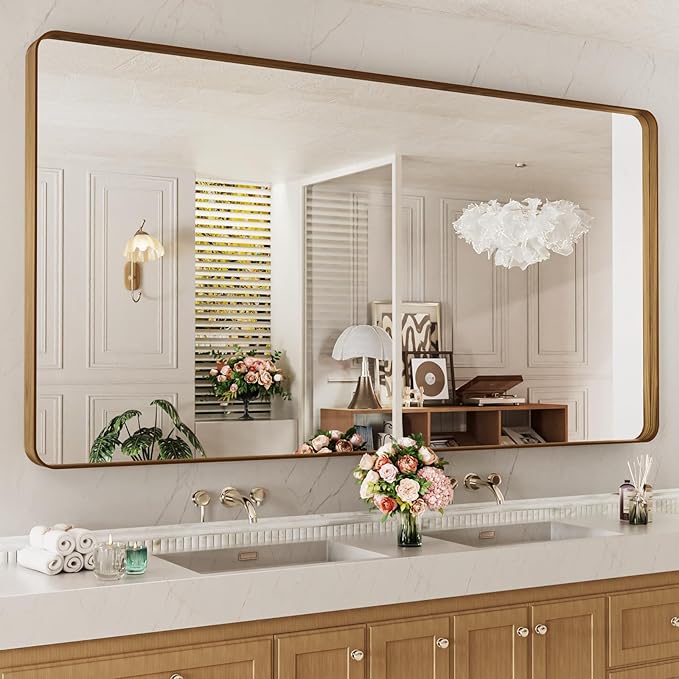 LOAAO 84X32 Inch Bathroom Mirror with Wood Grain Colored Metal Frame, Rounded Rectangle Metal Framed Bathroom Mirror, Anti-Rust, Hangs Horizontally or Vertically, Tempered Glass