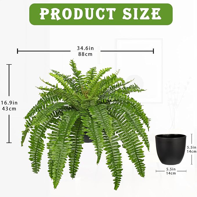 Artificial Fern Plants in Pot 34.6" Large Artificial Boston Fern 39 Leaves for Outdoors & Indoor Faux Potted Plant Fake Ferns Bush Plant for Patio Garden Farmhouse Porch Home Decor Green