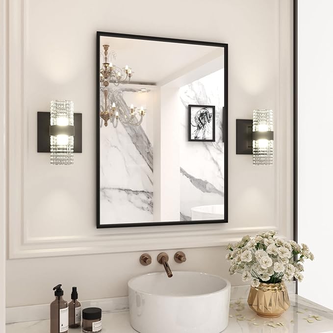 LOAAO 22"X30" Black Rectangle Bathroom Mirror Wall, Matte Black Aluminum Alloy Frame, Hangs Vertically or Horizontally, Easy to Install