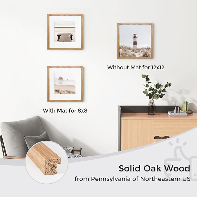 Axeman 12x12 Picture Frame with Mat for 8x8, Solid Oak Wood Square Picture Frame with Tempered Glass, Natural Wooden 12x12 inch Photo Frame for Wall Home Decor Art Photo and Prints, Natural
