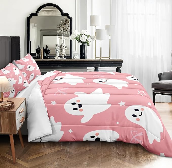 Cartoon Ghost Bedding Set Pink Halloween Comforter Set for Girls Kids Shy Ghost Kawaii Halloween Decor Ghost Festival Theme Pink and White Bedding Comforter Set King Size