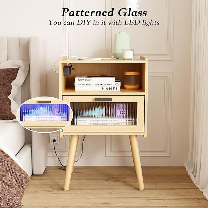 Mid Century Modern Nightstand with Charging Station, Bedside Tables with Glass Drawer, End Table Side Table with 2 Tiers Storage Space, for Bedroom, Living Room, Natural