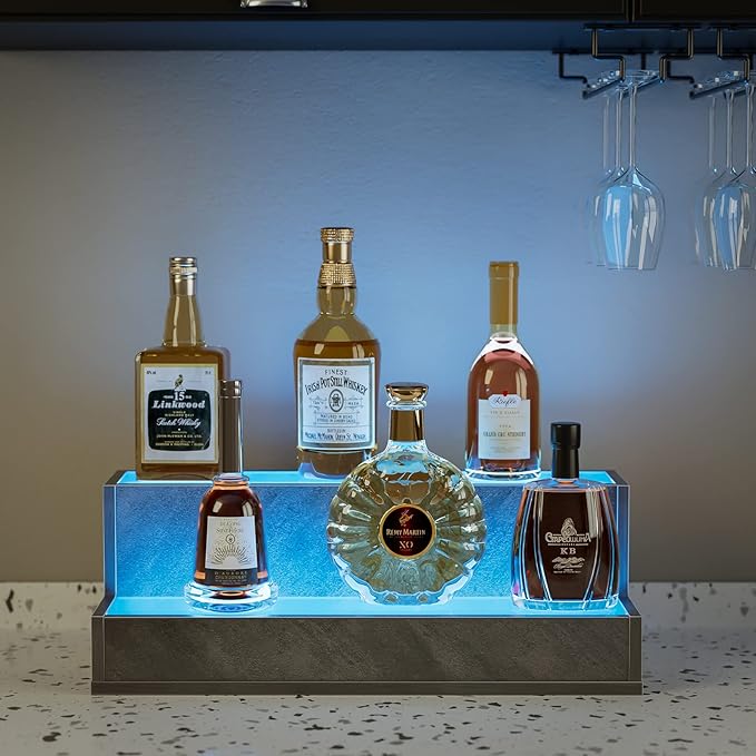 LED Lighted Bar Shelves, 20 Inch Bar Display Shelf, Liquor Bottle Display Shelf with App & Remote Control, 2 Step Freestanding Holding Bottles for Home Bar, Party, Grey