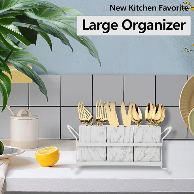 Kitchen Utensil holder for Countertop, Silverware Caddy,Marble White Cutlery Holder Utensils Organizer for Party Gatherings, Metal and Durable Design