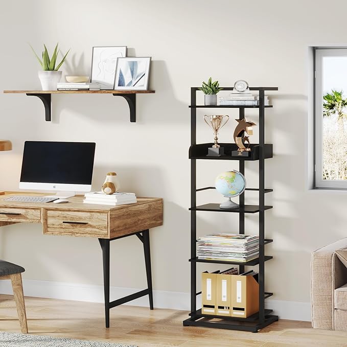 Hosfais Book Shelf Tall Bookshelf: 5 Tier Wood Bookcase with Metal Edge Protection Industrial Narrow Bookshelf Corner Storage Organizer Display Book Rack for Living Room Bedroom Home Office (Black)