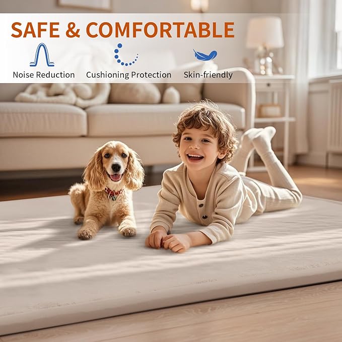 ACOMOPACK Baby Play Mat for Floor,1.3" Thick Memory Foam Area Rug for Living Room,Soft Velvet Crawling with Non-Slip Bottom for Kid,Toddler,79"×118" Tummy Time Nursery Rugs,Yoga（Beige）