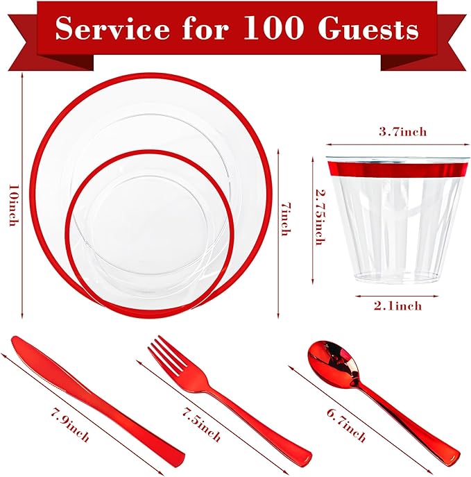 N9R 600PCS Red Disposable Plates, Heavy Duty Plastic Dinnerware Set for 100 Guests Includes 100 Dinner & Dessert Plates, Cups, Spoons, Forks, and Knives, Perfect for Parties, Weddings,and Daily Use