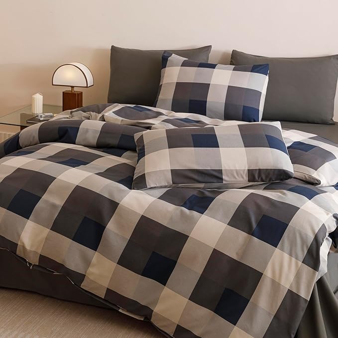CLOTHKNOW Plaid Comforter Set King Gingham Buffalo Bedding Comforter Sets Blue Grey Khaki Brown Beige Geometric Comforter King Sets with 2 x Pillow Cases