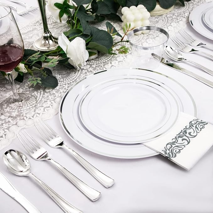 bUCLA 350PCS Silver Plastic Dinnerware Set for 50 Guests - Silver Plates Disposable Include 50 Dinner & 50 Dessert Plates,50 Forks,50 Knives,50 Spoons,50 Cups,50 Napkins for Party