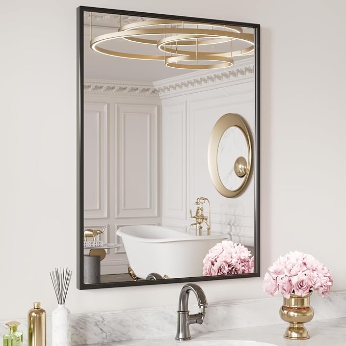 LOAAO 20"X30" Black Rectangle Bathroom Mirror Wall, Matte Black Aluminum Alloy Frame, Tempered Glass, Hangs Vertically or Horizontally, Easy to Install