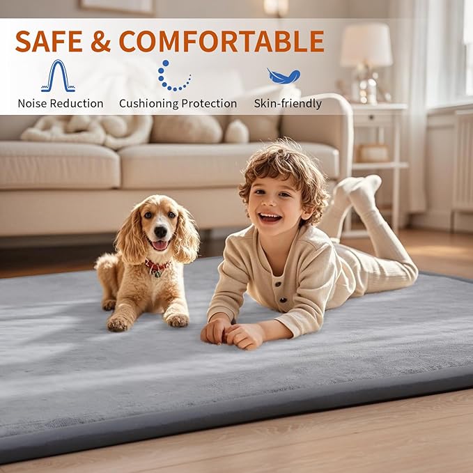 ACOMOPACK Baby Play Mat for Floor,1.3" Thick Memory Foam Area Rug for Living Room,Soft Velvet Crawling with Non-Slip Bottom for Kid,Toddler,79"×118" Tummy Time Nursery Rugs,Yoga（Dark Grey）