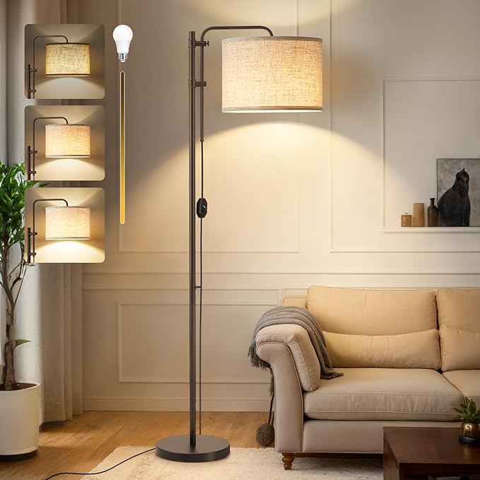 Floor Lamp for Living Room, Adjustable Height Standing Lamps with 350° Rotate Linen Lampshade, 67.5-Inch Brown Modern Tall Lamp Dimmable Floor Lamps for Corner Bedroom Home Office (Bulb Included)